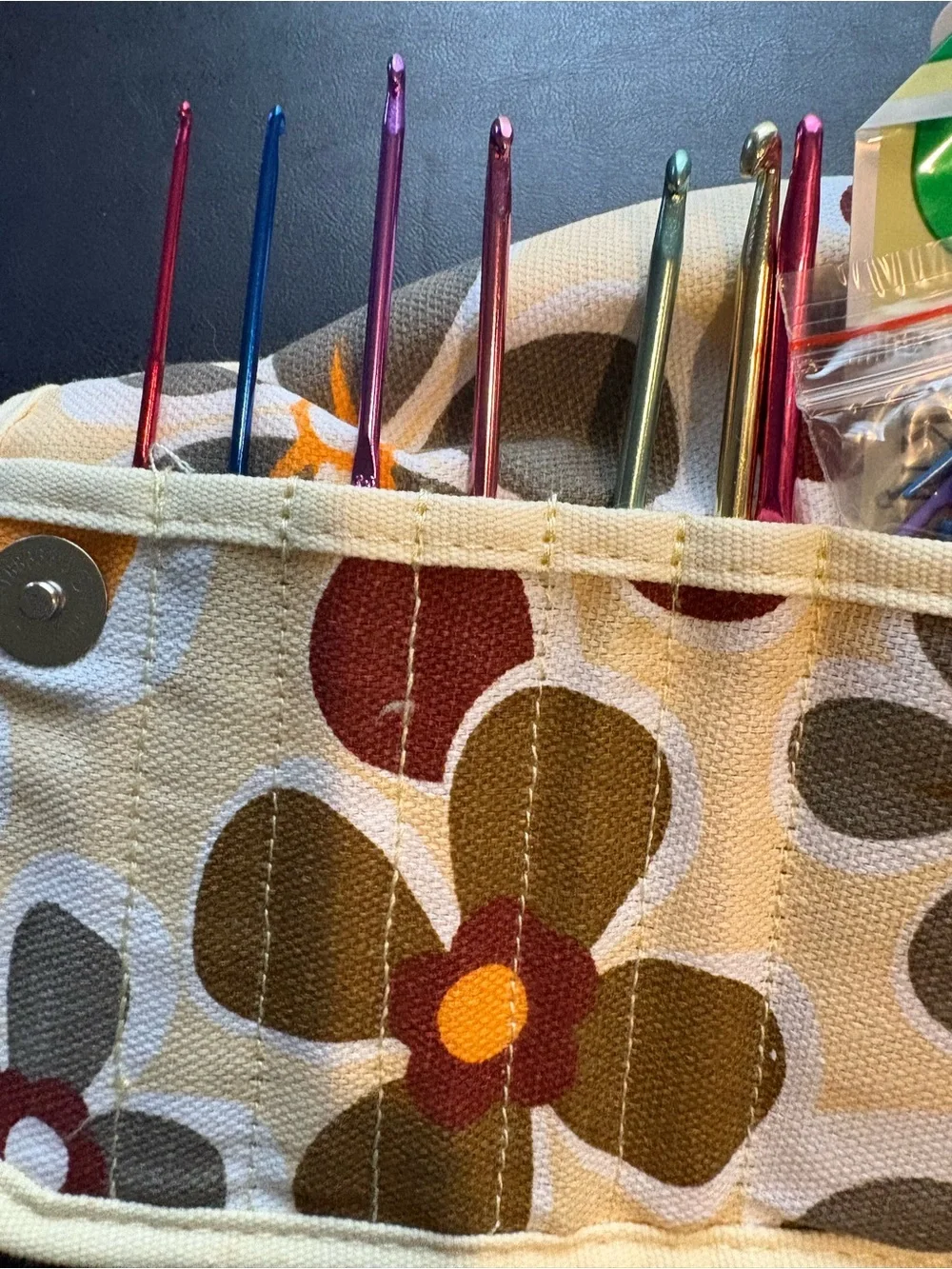 Canvas Floral Needle & Tool Organizer Pouch in Cream and Brown